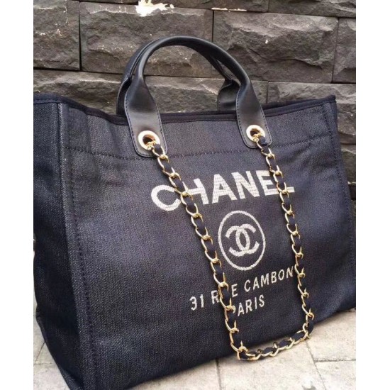 Hot Selling Deauville Dark Blue Canvas Large Goden Chain Shopping Bag - Faux Chanel Logo Printing Female Tote Bag