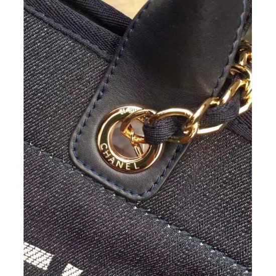 Hot Selling Deauville Dark Blue Canvas Large Goden Chain Shopping Bag - Faux Chanel Logo Printing Female Tote Bag