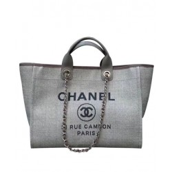 Best Price Silver Chain Interlocking C Logo Printing Large Tote Bag - Fake Chanel Grey Canvas Shopping Bag For Ladies Online