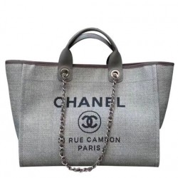 Best Price Silver Chain Interlocking C Logo Printing Large Tote Bag - Fake Chanel Grey Canvas Shopping Bag For Ladies Online