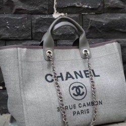 Best Price Silver Chain Interlocking C Logo Printing Large Tote Bag - Fake Chanel Grey Canvas Shopping Bag For Ladies Online