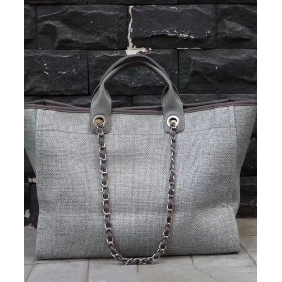 Best Price Silver Chain Interlocking C Logo Printing Large Tote Bag - Fake Chanel Grey Canvas Shopping Bag For Ladies Online