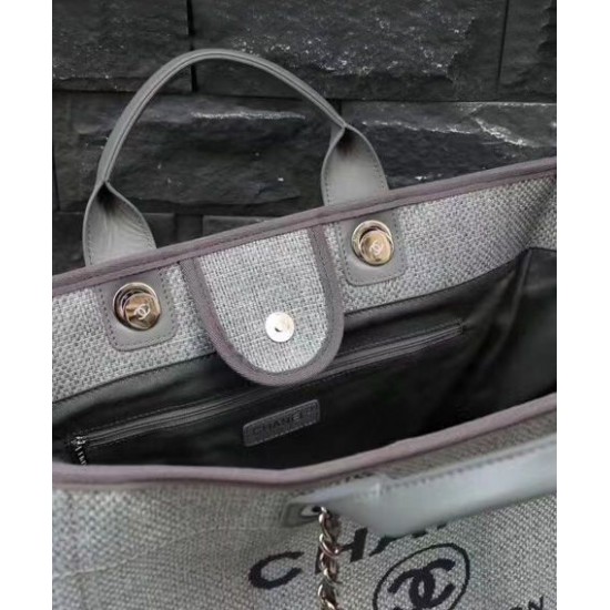 Best Price Silver Chain Interlocking C Logo Printing Large Tote Bag - Fake Chanel Grey Canvas Shopping Bag For Ladies Online