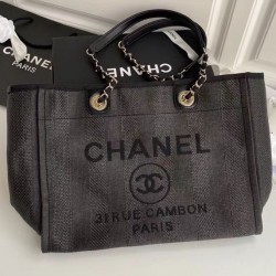 High Quality Long Chian Shoulder Strap Oversized Brand Letter Printing - Replica Women's Chanel Grey Canvas Shopping Bag