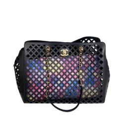 Replica Chanel CC Push Lock Colorful Openwork Flowers Printing Interior Purse Women's Black Hollow Leather Tote Bag