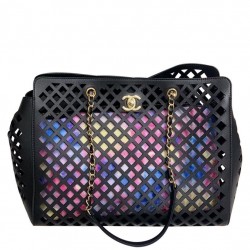 Replica Chanel CC Push Lock Colorful Openwork Flowers Printing Interior Purse Women's Black Hollow Leather Tote Bag