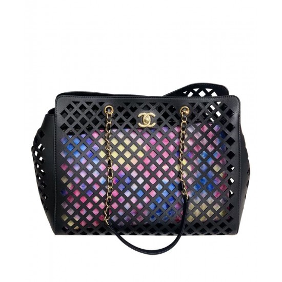 Replica Chanel CC Push Lock Colorful Openwork Flowers Printing Interior Purse Women's Black Hollow Leather Tote Bag