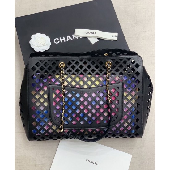 Replica Chanel CC Push Lock Colorful Openwork Flowers Printing Interior Purse Women's Black Hollow Leather Tote Bag