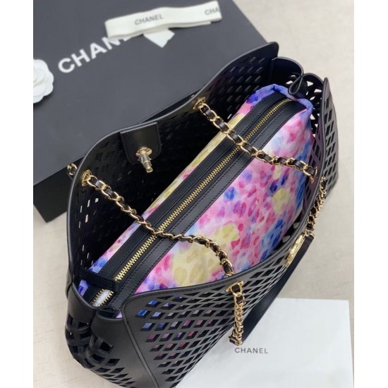 Replica Chanel CC Push Lock Colorful Openwork Flowers Printing Interior Purse Women's Black Hollow Leather Tote Bag