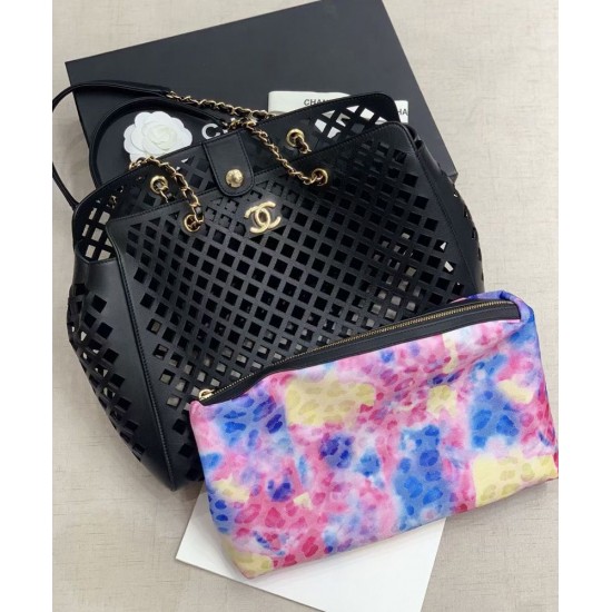 Replica Chanel CC Push Lock Colorful Openwork Flowers Printing Interior Purse Women's Black Hollow Leather Tote Bag