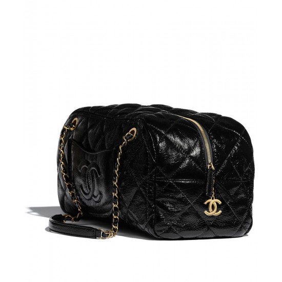 Replica Chanel CC Logo Pattern Chain Long Handle Black Shiny Crumpled Calfskin Leather Zipper Low Price Bowling Bag For Ladies