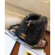 Replica Chanel CC Logo Pattern Chain Long Handle Black Shiny Crumpled Calfskin Leather Zipper Low Price Bowling Bag For Ladies