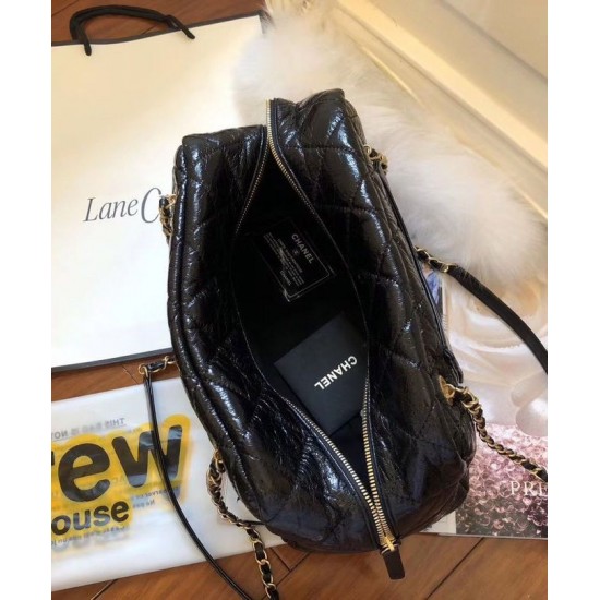 Replica Chanel CC Logo Pattern Chain Long Handle Black Shiny Crumpled Calfskin Leather Zipper Low Price Bowling Bag For Ladies