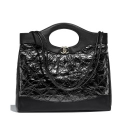 Faux Chanel 31 Golden-tone CC Turn Lock Oval Top Handle Narrow Shoulder Strap Female Black Crumpled & Smooth Leather Shopping Bag