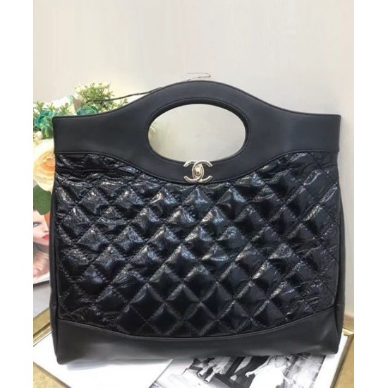 Faux Chanel 31 Golden-tone CC Turn Lock Oval Top Handle Narrow Shoulder Strap Female Black Crumpled & Smooth Leather Shopping Bag