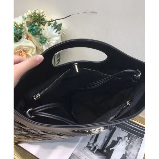 Faux Chanel 31 Golden-tone CC Turn Lock Oval Top Handle Narrow Shoulder Strap Female Black Crumpled & Smooth Leather Shopping Bag