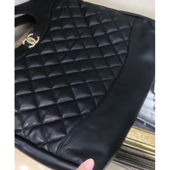 Fake Chanel 31 Diamond Type Lattice Detail Golden CC Turn Lock Oval Top Handle Female Black Lambskin Leather Shopping Bag