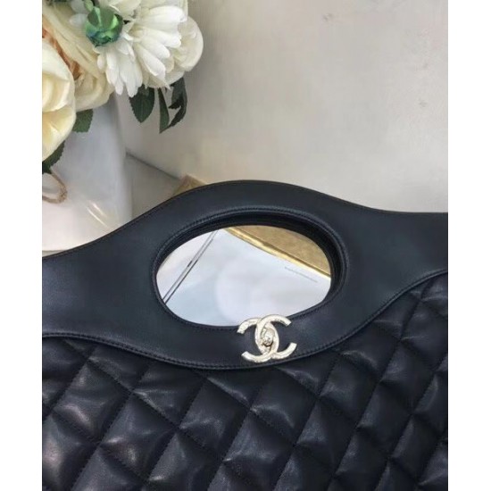 Fake Chanel 31 Diamond Type Lattice Detail Golden CC Turn Lock Oval Top Handle Female Black Lambskin Leather Shopping Bag