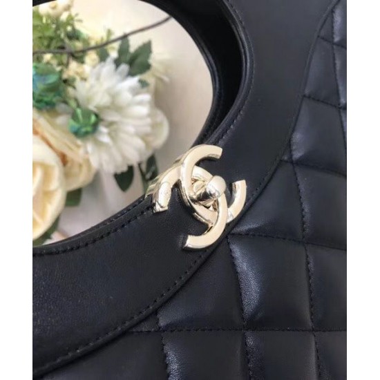 Fake Chanel 31 Diamond Type Lattice Detail Golden CC Turn Lock Oval Top Handle Female Black Lambskin Leather Shopping Bag