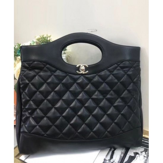 Fake Chanel 31 Diamond Type Lattice Detail Golden CC Turn Lock Oval Top Handle Female Black Lambskin Leather Shopping Bag