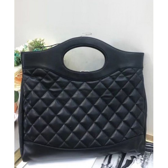 Fake Chanel 31 Diamond Type Lattice Detail Golden CC Turn Lock Oval Top Handle Female Black Lambskin Leather Shopping Bag