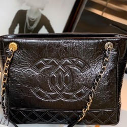 Faux Chanel Front Oversized CC Logo Pattern Two-Tone Metal Chain Shoulder Strap Black Plicated & Quilted Leather Large Tote Bag