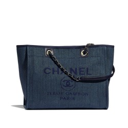 Replica Chanel Interlocking C Logo Printing Link Chain Shoulder Strap Women's Blue Canvas Large Shopping Bag For Sale