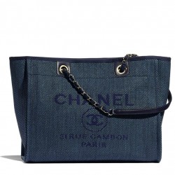 Replica Chanel Interlocking C Logo Printing Link Chain Shoulder Strap Women's Blue Canvas Large Shopping Bag For Sale