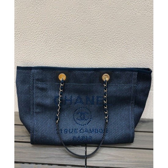 Replica Chanel Interlocking C Logo Printing Link Chain Shoulder Strap Women's Blue Canvas Large Shopping Bag For Sale