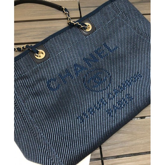 Replica Chanel Interlocking C Logo Printing Link Chain Shoulder Strap Women's Blue Canvas Large Shopping Bag For Sale