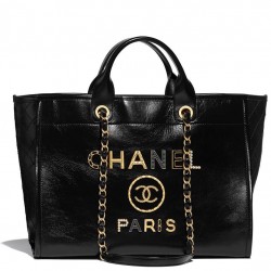 Imitated Chanel Pearls Studs Style Paris Metal Logo Letter Female Black Leather Brass Chain Strap Large Tote Style Shopping Bag