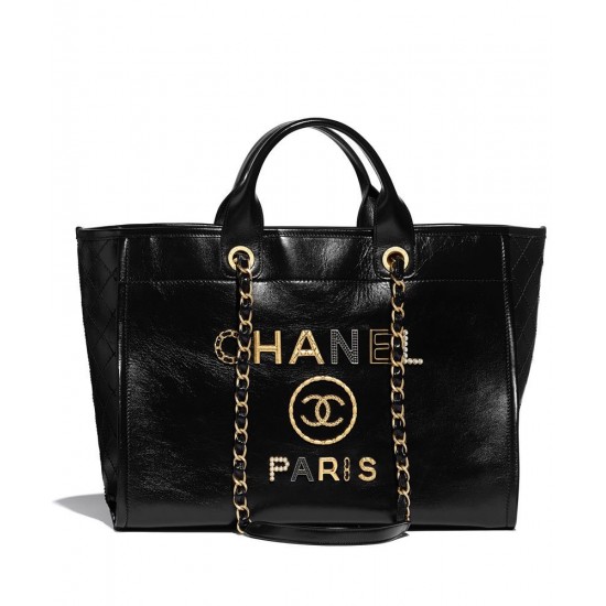 Imitated Chanel Pearls Studs Style Paris Metal Logo Letter Female Black Leather Brass Chain Strap Large Tote Style Shopping Bag