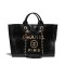 Imitated Chanel Pearls Studs Style Paris Metal Logo Letter Female Black Leather Brass Chain Strap Large Tote Style Shopping Bag