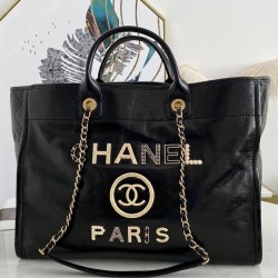 Imitated Chanel Pearls Studs Style Paris Metal Logo Letter Female Black Leather Brass Chain Strap Large Tote Style Shopping Bag