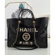 Imitated Chanel Pearls Studs Style Paris Metal Logo Letter Female Black Leather Brass Chain Strap Large Tote Style Shopping Bag