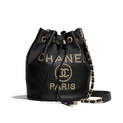 Hot Selling Brass Brand Letter Studs PARIS Detail Drawstring Closure- Replica Chanel Black Grained Calfskin Bucket Bag