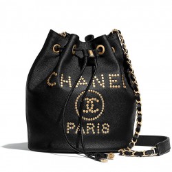 Hot Selling Brass Brand Letter Studs PARIS Detail Drawstring Closure- Replica Chanel Black Grained Calfskin Bucket Bag