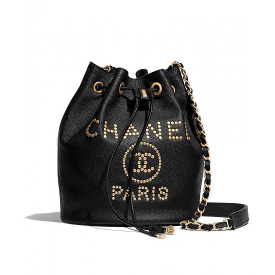 Hot Selling Brass Brand Letter Studs PARIS Detail Drawstring Closure- Replica Chanel Black Grained Calfskin Bucket Bag