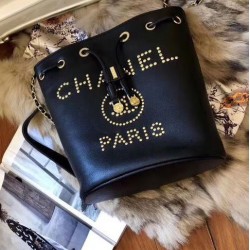 Hot Selling Brass Brand Letter Studs PARIS Detail Drawstring Closure- Replica Chanel Black Grained Calfskin Bucket Bag