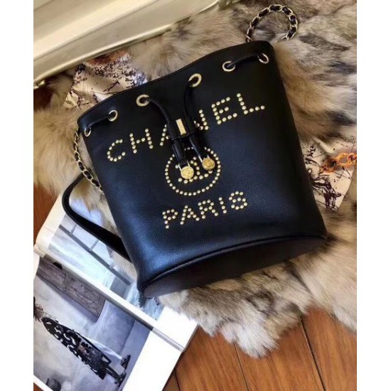 Hot Selling Brass Brand Letter Studs PARIS Detail Drawstring Closure- Replica Chanel Black Grained Calfskin Bucket Bag