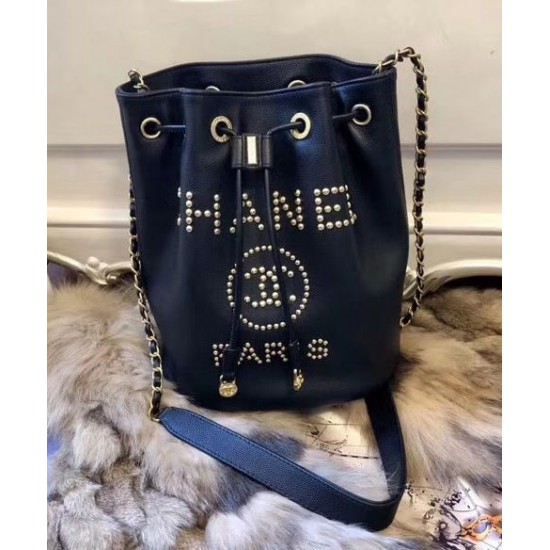 Hot Selling Brass Brand Letter Studs PARIS Detail Drawstring Closure- Replica Chanel Black Grained Calfskin Bucket Bag