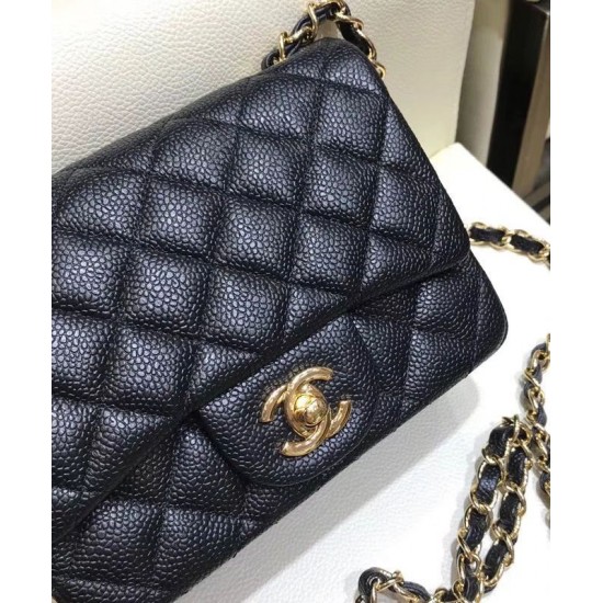 Fake Chanel Mini Classic Boy Black Caviar Leather Flap Bag Golden CC Logo Turn Lock Mini Chain Bag For Ladies