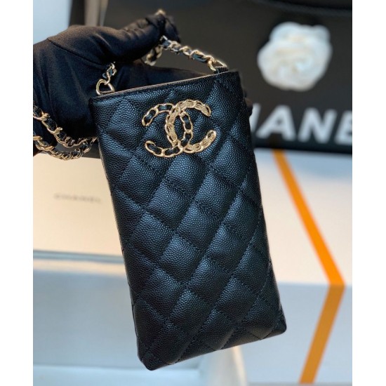 Latest Asymmetric CC Signature Chain Shoulder Strap Black Quilted Caviar Leather - Women's Fake Chanel Small Phone Holder