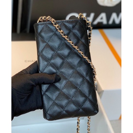 Latest Asymmetric CC Signature Chain Shoulder Strap Black Quilted Caviar Leather - Women's Fake Chanel Small Phone Holder