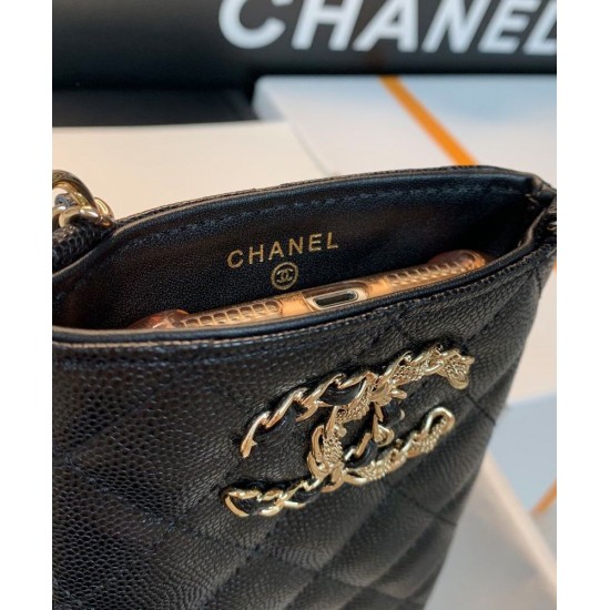 Latest Asymmetric CC Signature Chain Shoulder Strap Black Quilted Caviar Leather - Women's Fake Chanel Small Phone Holder