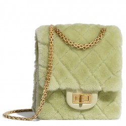 Clone Chic Chanel Mademoiselle Turn Lock Golden Chain Shoulder Strap Female Mini 2.55 Green Shearling & Quilted Leather Vertical Bag