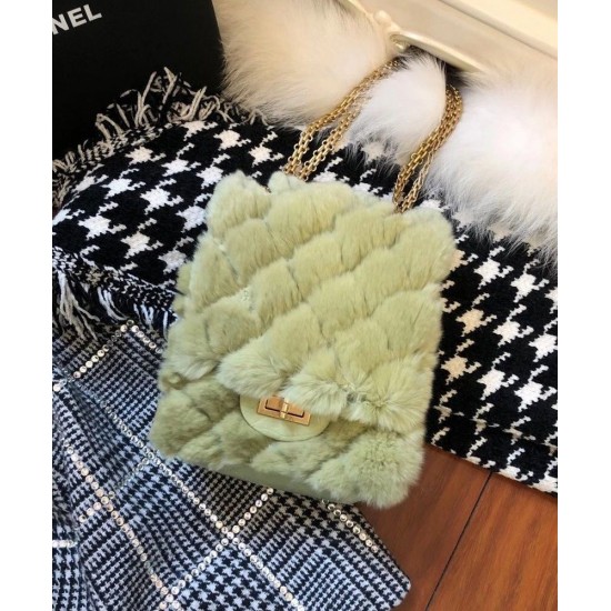 Clone Chic Chanel Mademoiselle Turn Lock Golden Chain Shoulder Strap Female Mini 2.55 Green Shearling & Quilted Leather Vertical Bag