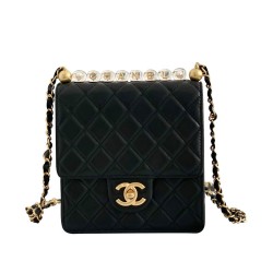 Top Sale Black Quilted Leather Top Transparent Bead CC Turn Lock - Replica Chanel Flap Bag For Ladies