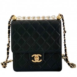 Top Sale Black Quilted Leather Top Transparent Bead CC Turn Lock - Replica Chanel Flap Bag For Ladies