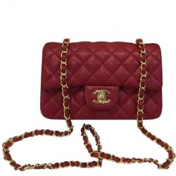 Fake Chanel Red Quilted Lambskin Leather Golden Tone Shoulder Strap Double Flap Women's Vintage Small Classic Crossbody Bag